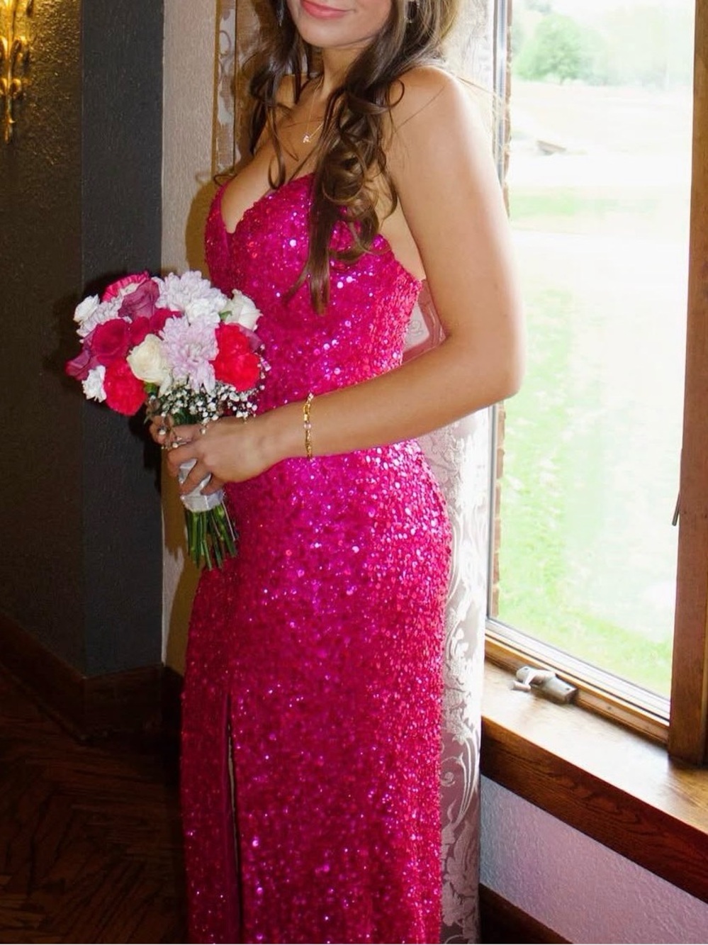 Strapless Sequin Gown in Fuchsia Pink